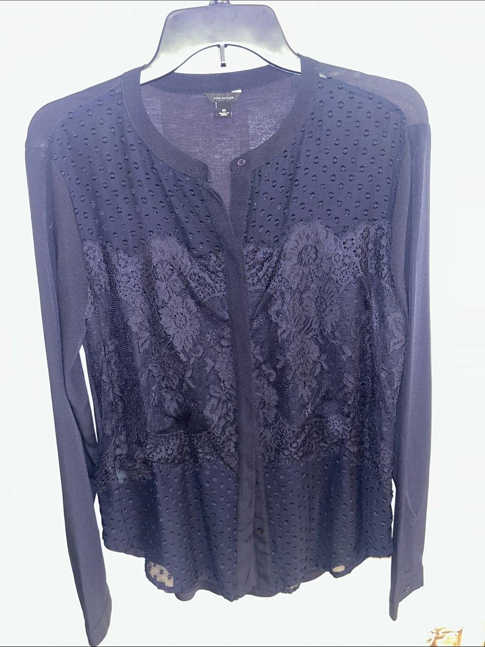 Ann Taylor Navy Lace Front Button Down Top